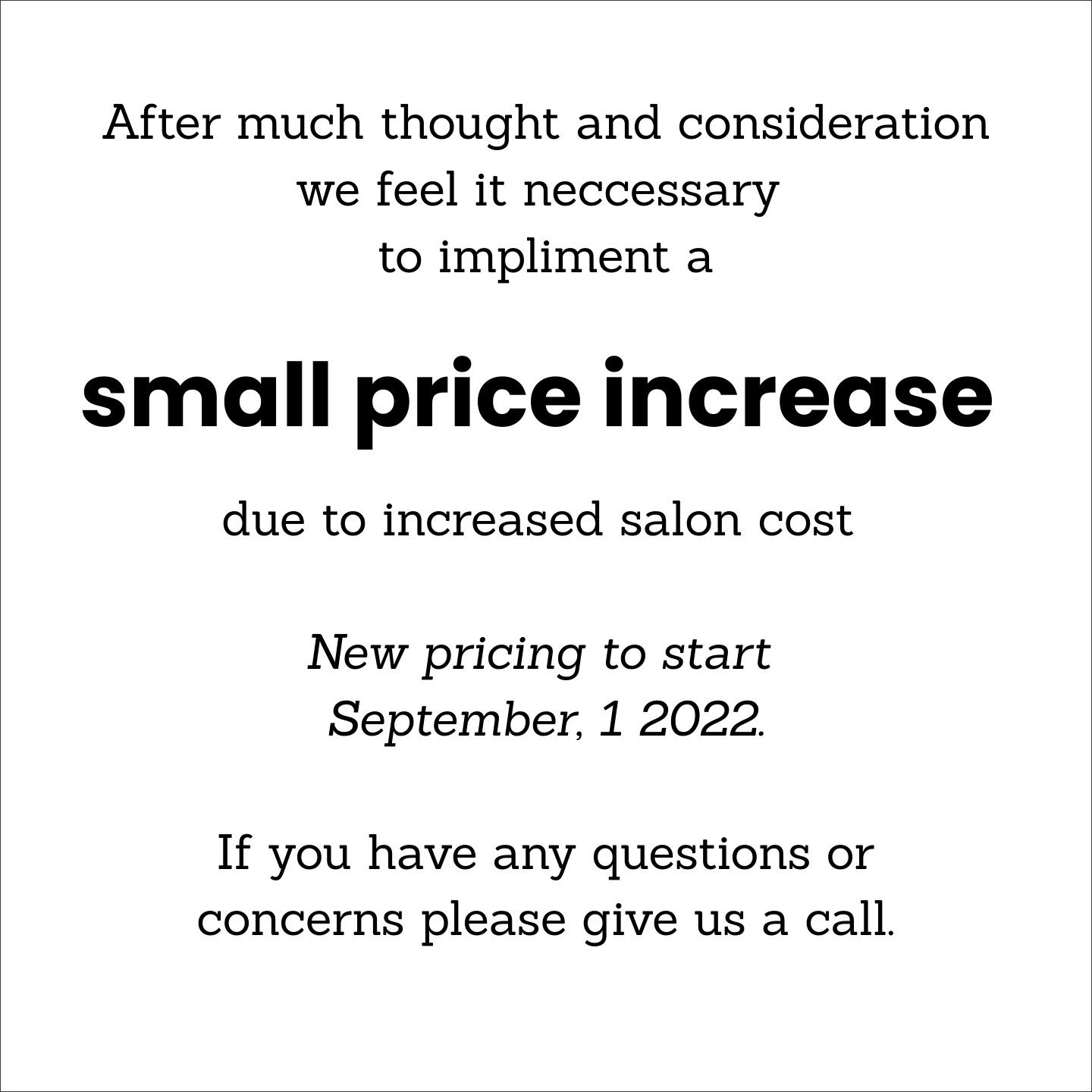 Small price increase 09/1/2022